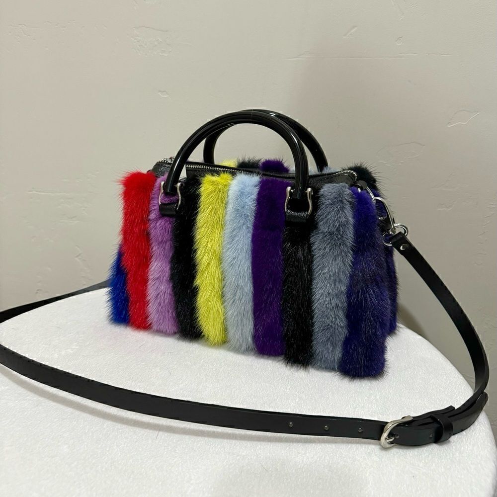 Multi Way Use Handmade Color-block Real Mink Fur Top Handles Satchel/Crossbody - Picture 2 of 16